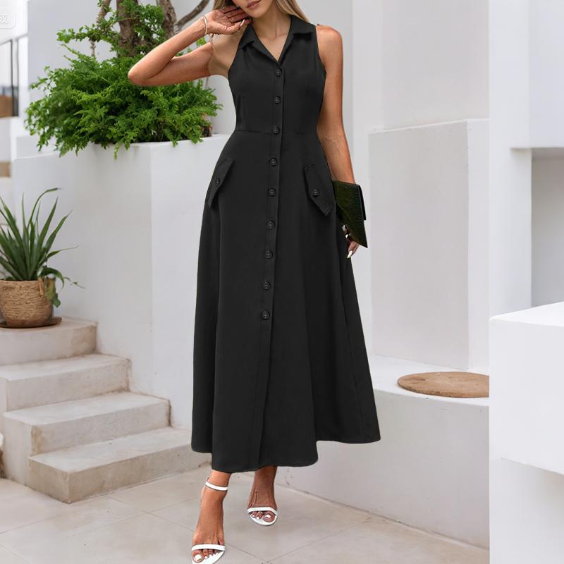 ZANZEA Women Summer Turn Down Collar Casual Sleeveless Long Dress