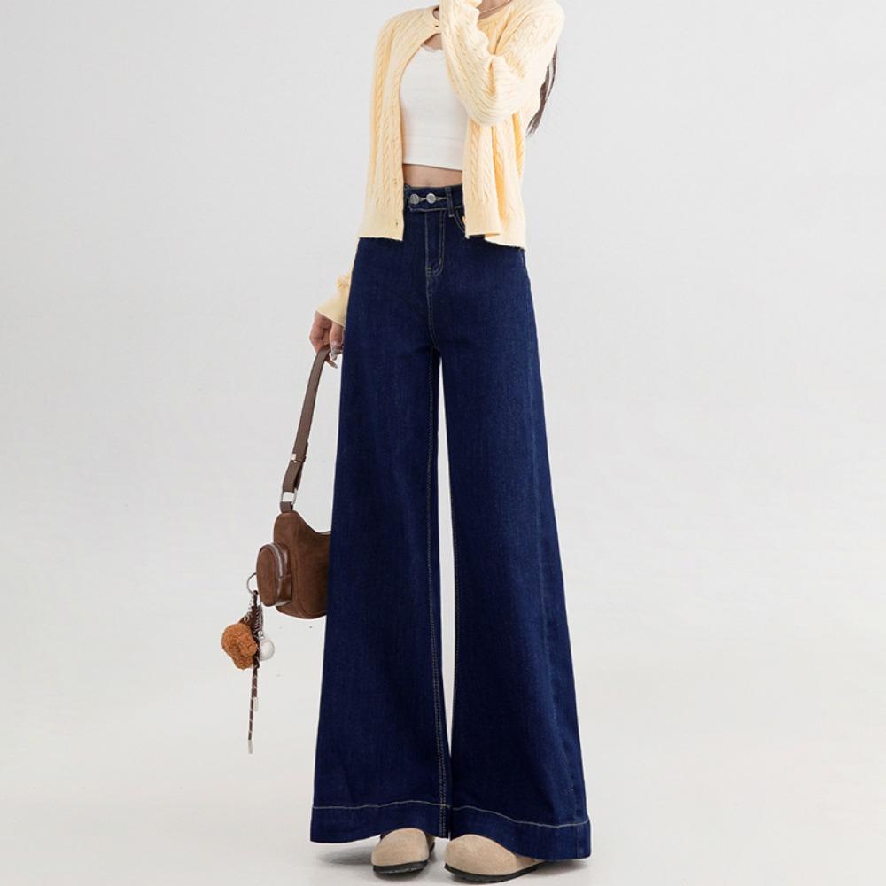 American Harajuku high-waisted wide-leg jeans women's new spring and autumn models, thin double-buckle mop jeans tide