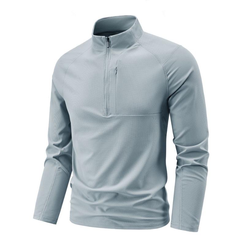 Polo da uomo a maniche lunghe con mezza zip, ad asciugatura rapida, in seta ghiacciata, per fitness e corsa