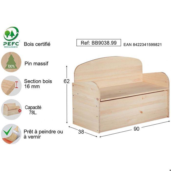 Pin Massif Banc Chest Sans Fard, 90x62x38cm