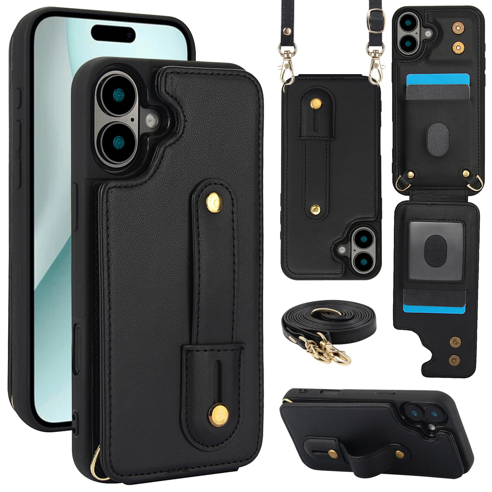 

For iPhone 16 Case Kickstand Card Slots Leather Coated TPU Cover with Shoulder Strap B