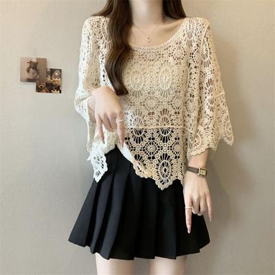 Hooked Flower Knitted Sweater for Women's Loose Fitting Pullover, Hollowed Out and Versatile Sun Protection Top