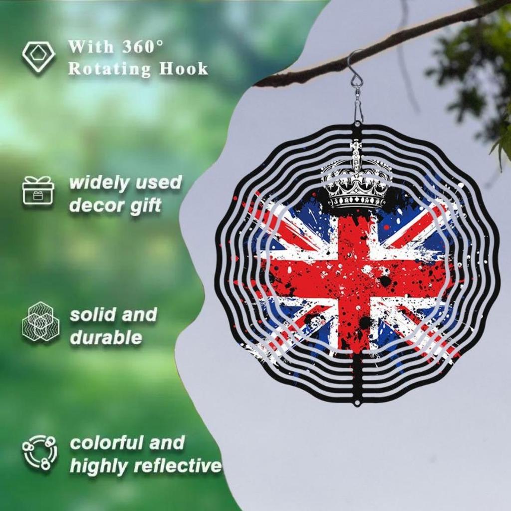 Metal Art Windmill Outdoor Decor British Flag Crown Pattern Wind Spinner 3D Dynamic Garden Art High Quality Sublimated Windmill for Home Yard