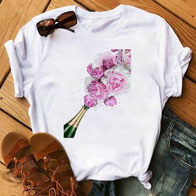 T-shirt a maniche corte da donna Primavera Estate Moda Tacchi Alti Stampa Bicchiere da Vino Grafica Tessuto in Poliestere Top Casual per Signore