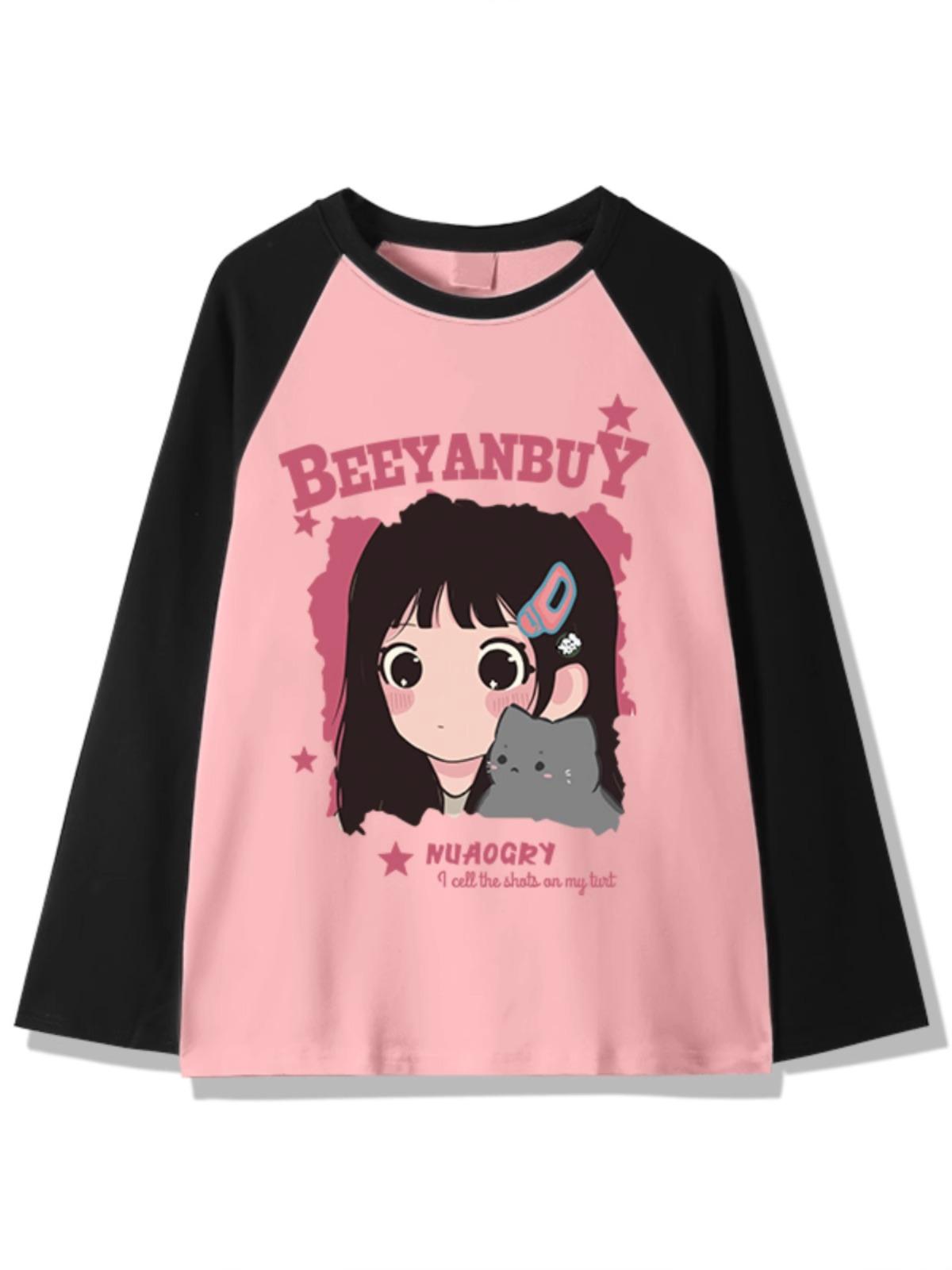 

Футболки Harajuku с длинным рукавом и круглым вырезом, весна-осень, с героями мультфильмов и аниме, женские повседневные футболки большого размера, разноцветные, топы Y2k, уличная одежда XXL