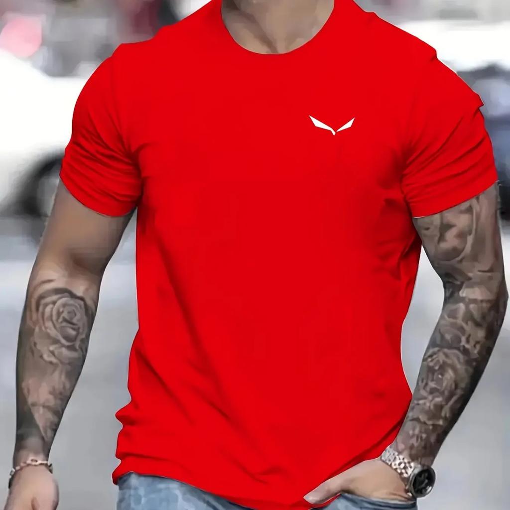 Men's Summer Loose-fitting T-shirt, 100% Polyester Bird Print Slim Casual Round-neck Short-sleeved