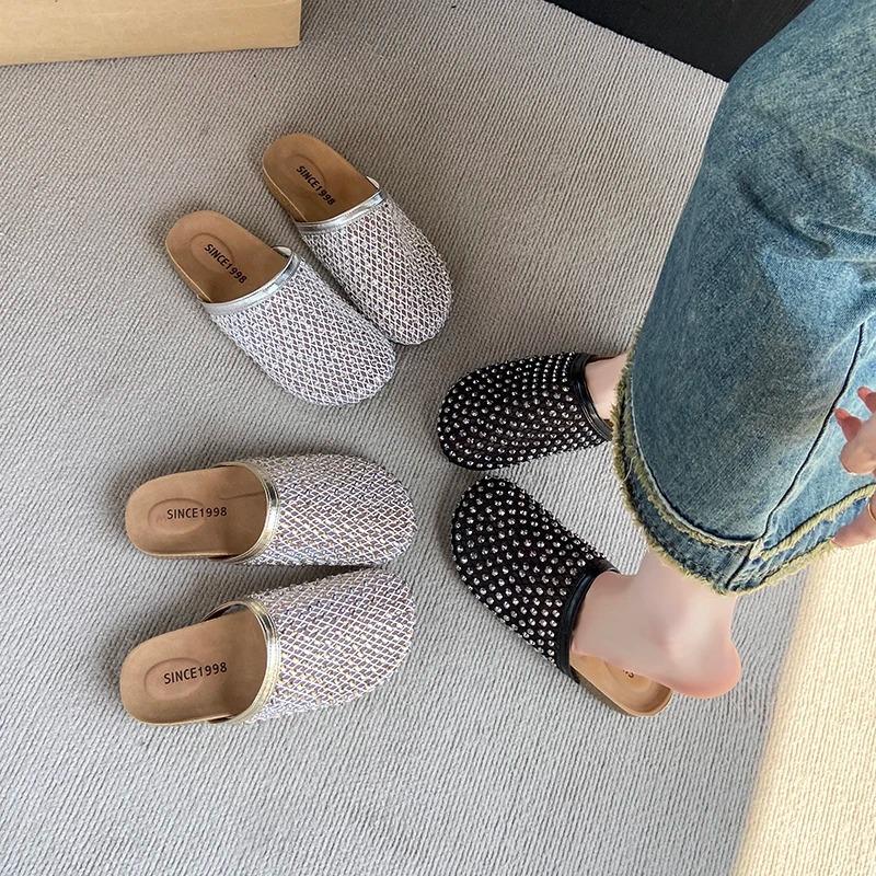 Mode Femme Sandales Plates à Couverture d'Orteil Été Mode Vêtements d'Extérieur Creux Respirant Strass Résille Plage Décontracté Pantoufles