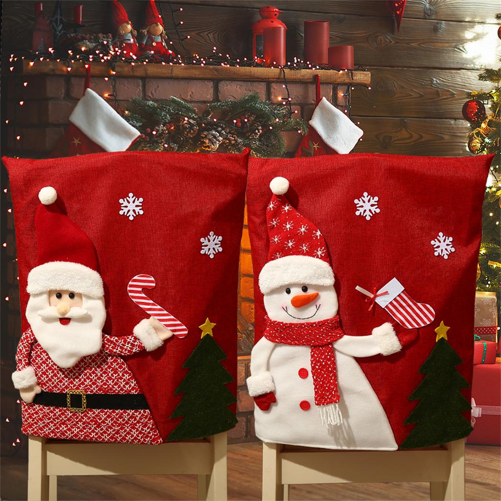 Christmas Chair Cover Cartoon Santa Snowman Chair Sleeve Back Decor Ornament 2024 New Year Holiday Home Decorations