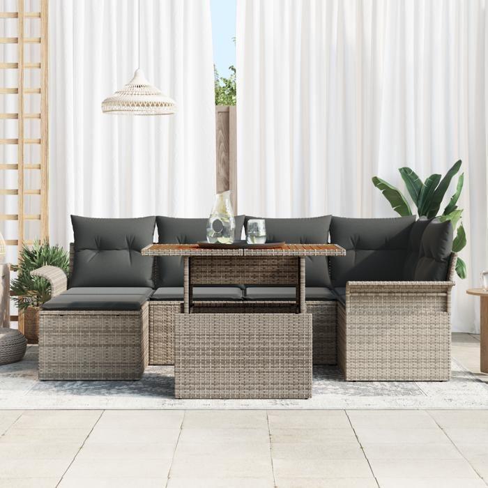 VidaXL Ensemble de salle à manger de jardin 7 pièces avec coussins en poly rattan gris et acacia 3349355