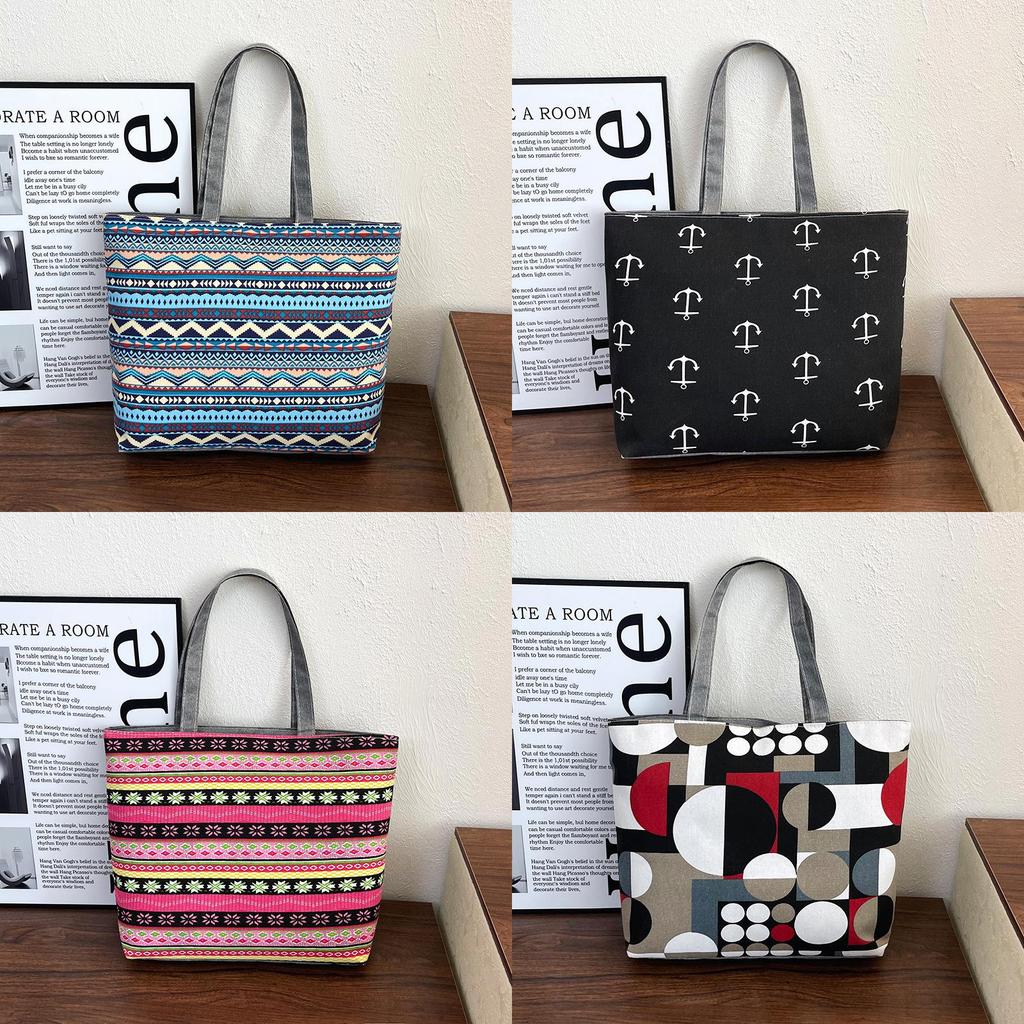 Ethnic Style Canvas Tote Bag With Print Large Capacity For Daily Use