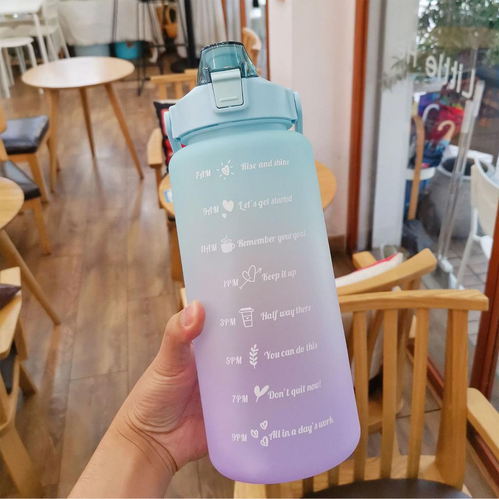 Straw Bottle Leakage Proof Frosted Gradient Color Open Sports Water Cup with Handle Clear Scale 2000ml