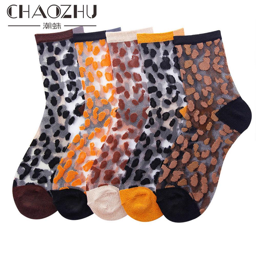 Chaozhu Spring Summer Transparent Crystal Silk Socks Women Sexy Leopard Grain Fashion Casual Breathable Calcetines Mujer