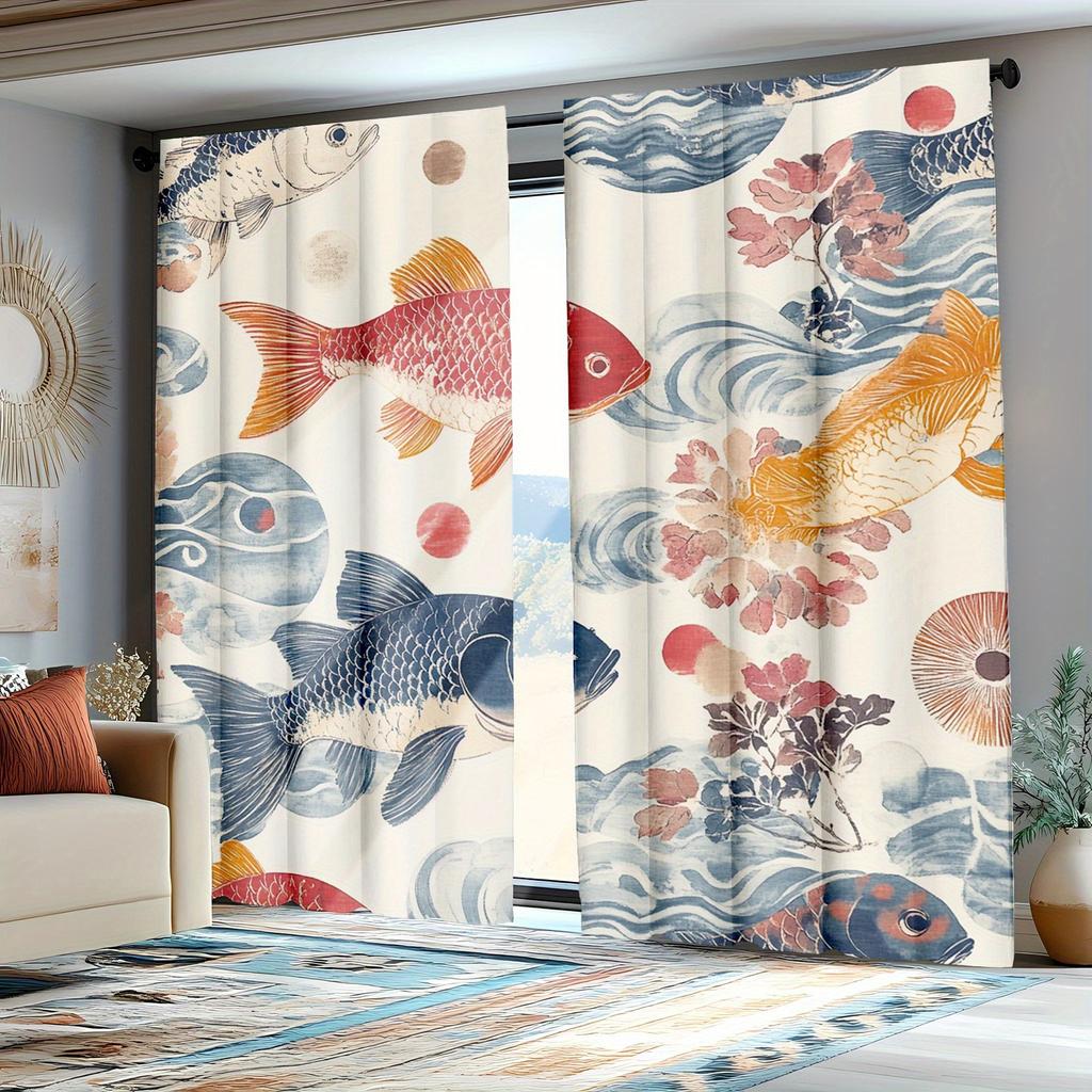 Set Of 2 Decorative Curtainshandcrafted Noren Curtains Ukiyoe Wave Fish Room Divider Curtain Made Polyester