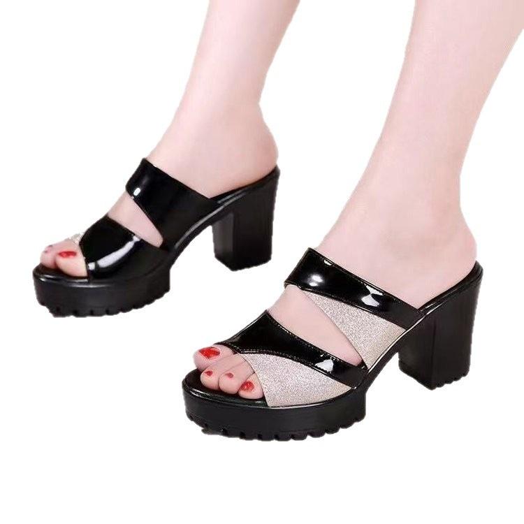 Cool slippers summer wear non-slip new fish mouth shoes high heel thick heel sandals waterproof table shoes
