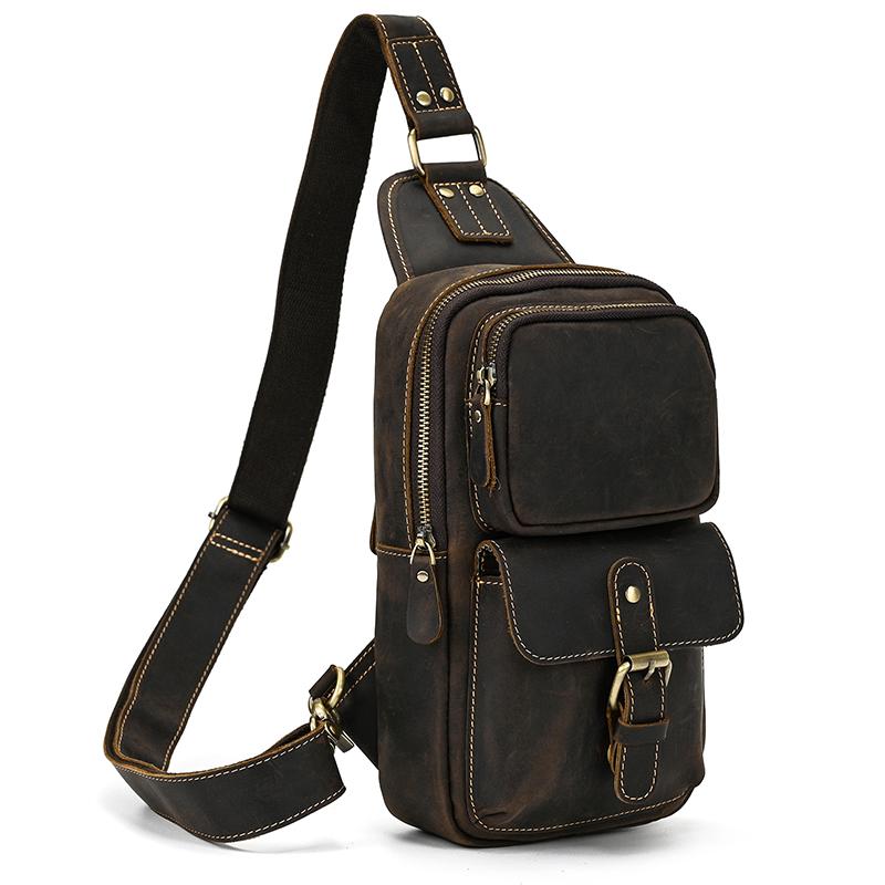 Crazy Horse Leather Men Chest Bag Casual Top Layer Cowhide New Pattern Men's Crossbody Bag Single Shoulder Bagpack Male Designer