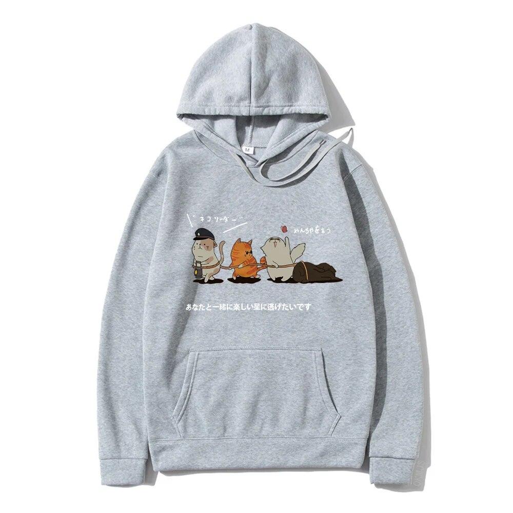 Men Hip Hop Unisex's Hoodies Streetwear Japanese Kanji Harajuku Funny Cat Unisex Hoodies Sweatshirts Autumn Winter Oversized Clothing