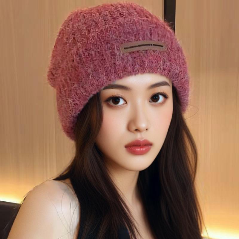 Wool Knitted Hat Small Leather Label Letter Wool Hat Women's Autumn and Winter Big Head Circumference Hat Cold Hat Tide Internet Celebrity Fashion