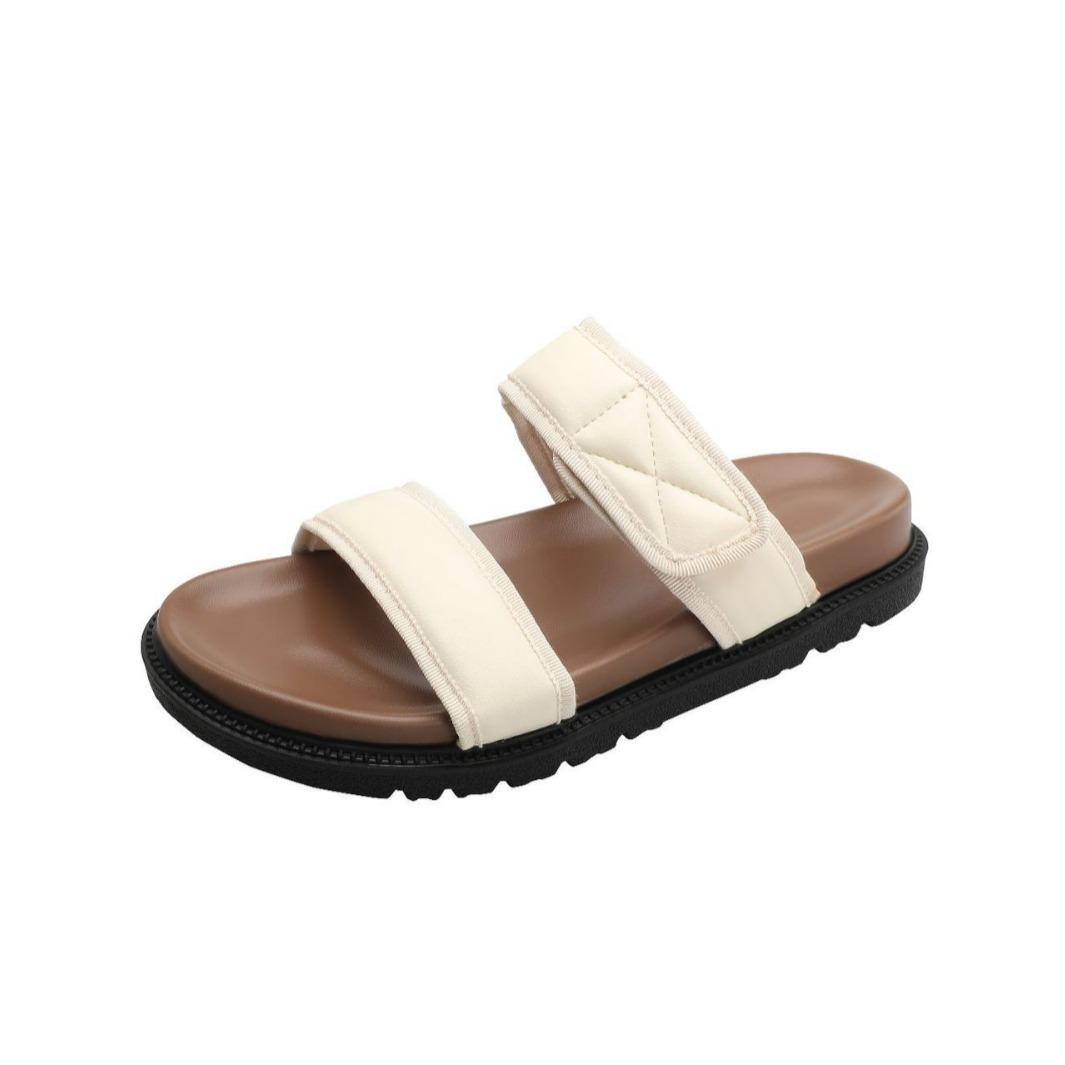 

Женские белые туфли на плоской подошве, шлепанцы с круглым открытым носком, летние 2024 г., пляжные туфли на толстой подошве, женские повседневные сандалии на плоской подошве 40 абрикосовый