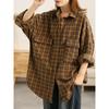 Women's New Spliced   POLO Collar Button Plaid Pocket Fashion Loose and Versatile Casual Long-sleeved Shirt