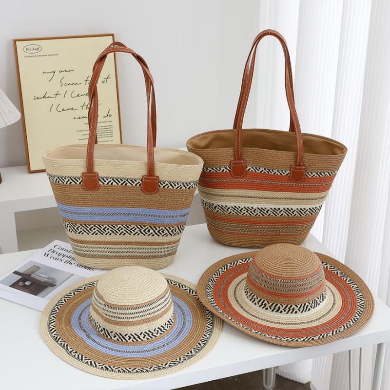 Neuer Frühling und Sommer Traufe Weben Modische Farbabstimmung Strohhut Outdoor Sonnenschutz Sonnenhut Strohtasche