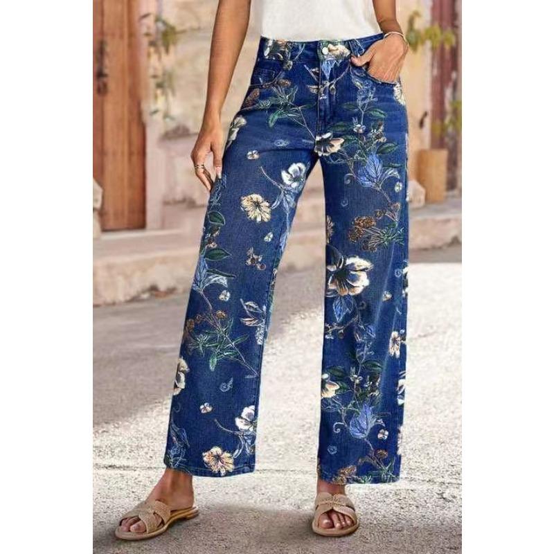 

Fashion Ladies Printed Denim Spring and Autumn Straight Wide Leg Pants Casual Jeans 2XL темно-синього кольору