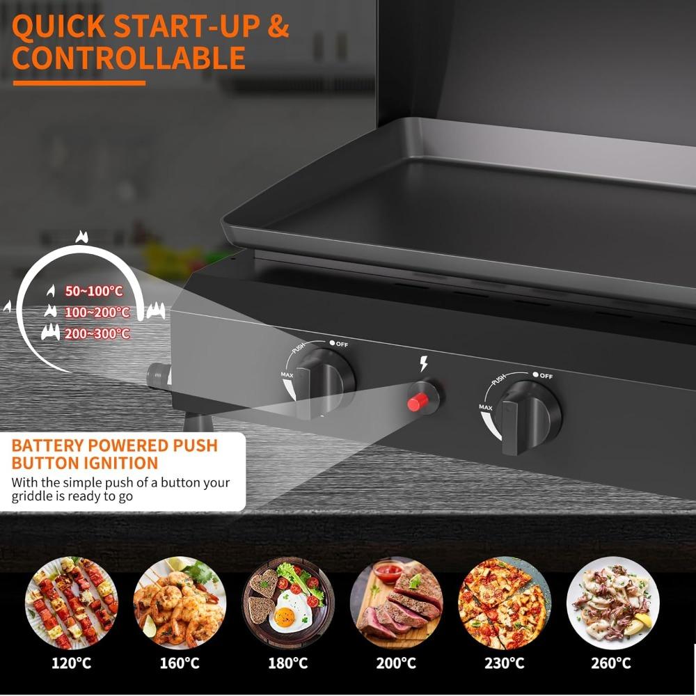 3 Burner Gas Griddle with Hood- 23.3 Inch Outdoor Propane Griddle-45000 BTU Propane Fuelled, Portable Flat Top Gas Grill