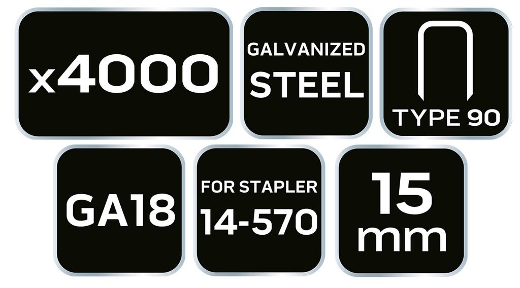 Galvanized staples for pneumatic stapler (14-570), GA18, Type 90 (4K), length 15 mm, 4000 s