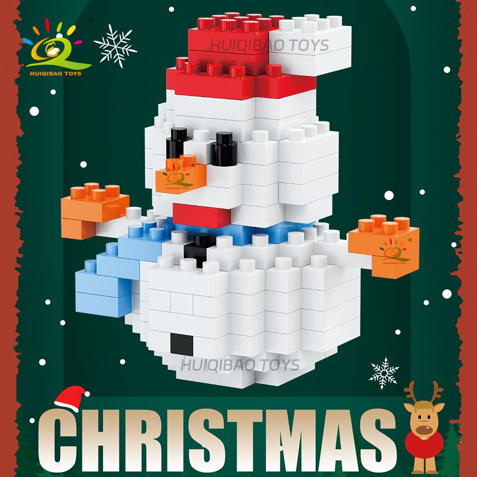 HUIQIBAO Mini Christmas Tree Santa Claus Children Train Model Micro Bricks Building Block Snowman Elk Bricks Toys New Year Gift