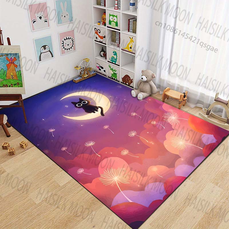 New Product Black Cat On Crescent Moon Carpet for Living Room Bedroom Bedside Floor Mat Cloakroom Children Play Mat Area Rug