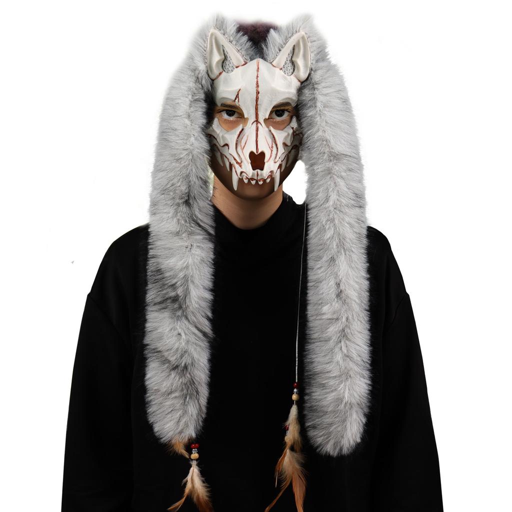 Halloween Karneval Mode Tiermaske Wikinger Fuchsmaske mit Kunstfell Kopfschmuck COS Werwolf