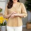Women Casual V-Neck 3/4 Sleeve Loose Stripe Blouse