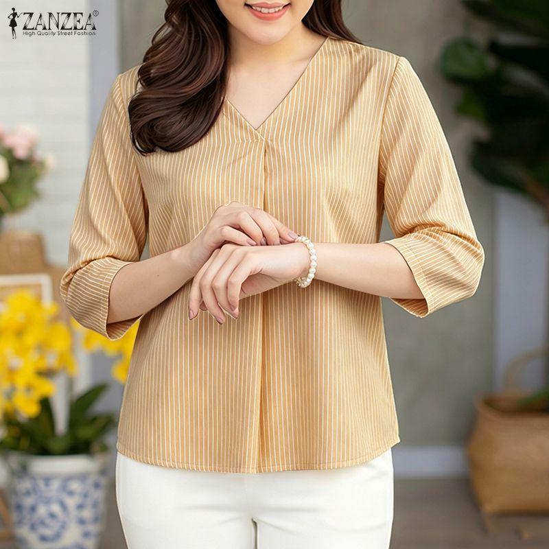 ZANZEA Women Casual V-Neck 3/4 Sleeve Loose Stripe Blouse