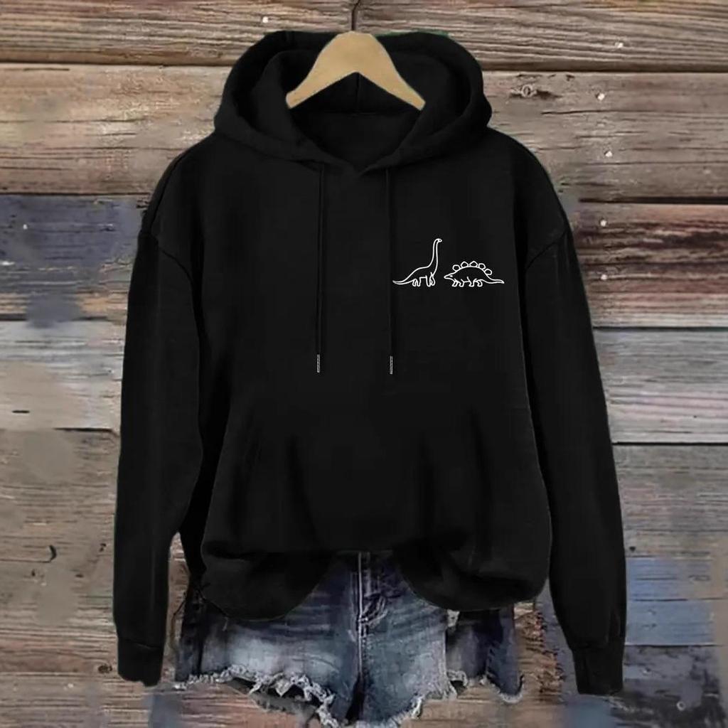 2025 Dinosaur Pattern Casual Hooded Sweatshirt, Drop Shoulder Style, Loose Fit with Ribbed Hem