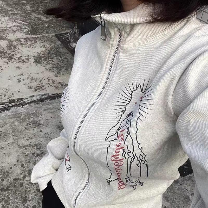 2KWEIRD Harajuku Turtleneck Cardigan Vintage Grunge Print Jacket Fairycore Y2k Ribbed Cardigans E-girl Graphic Clothes