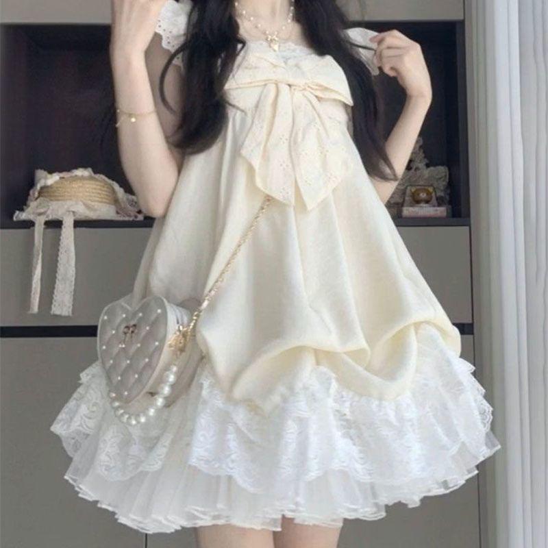 

Apricot Bow Dress with Puff Sleeves - Retro Summer Style for Female Students S