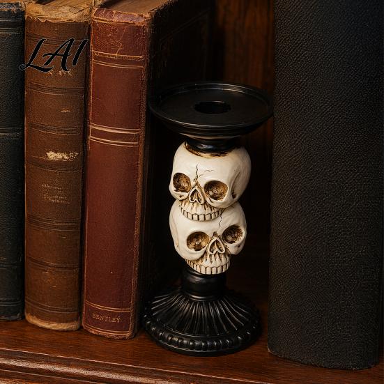 Decorative Candle Holder Gothic Pillar Holder Resin Raven Skull Candlestick Halloween Table Decoration Indoor Tealight Stand for Tabletop Holiday