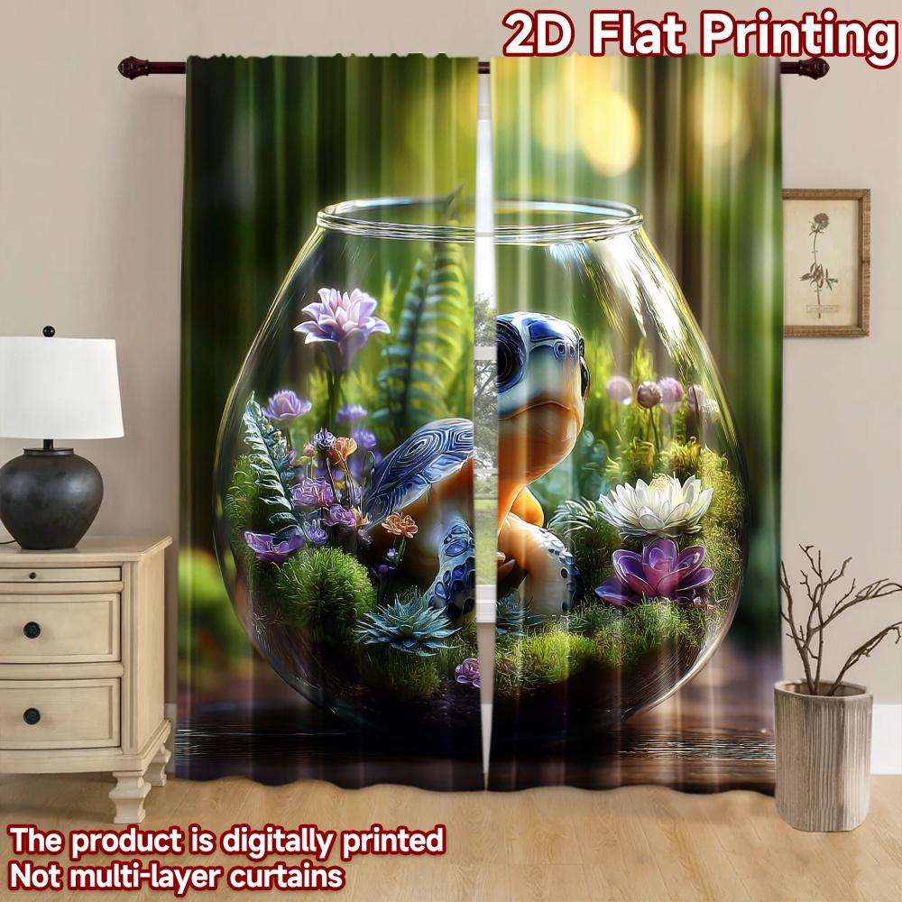 2D Flat Printing 2pcs Curtains Cute Turtle Terrarium Garden Digital Printed Polyester Drapes All Season Party & Holiday Decor