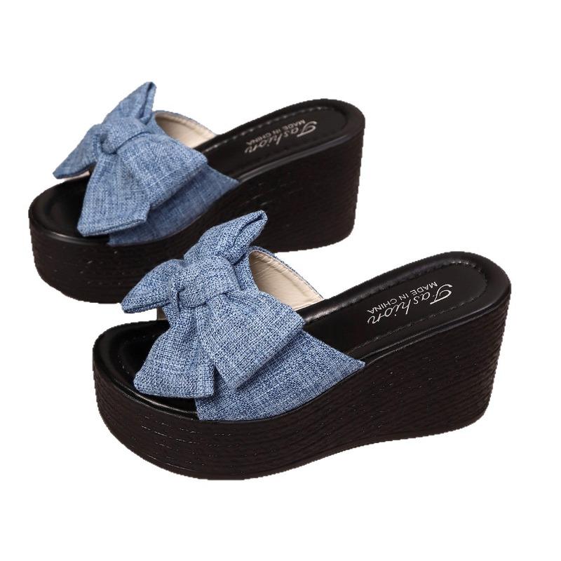 Women’s Bow Accent Peep-Toe Wedge Roman Slide Sandals