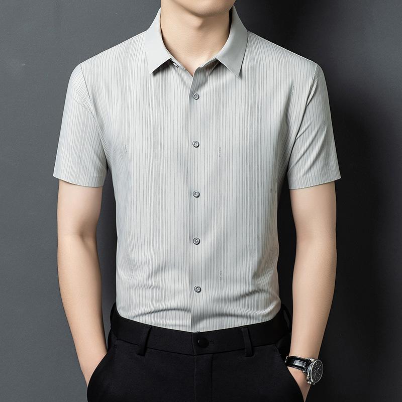 Men s Summer Business Ice Short Sleeve Shirt Striped Lapel Collar Commute M