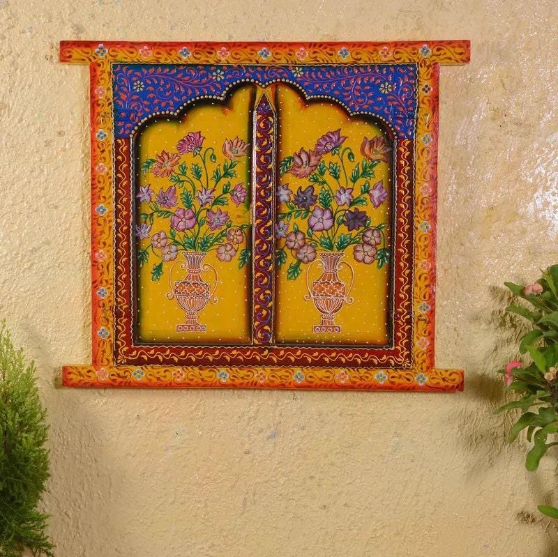 Hand-Painted Wooden Jharokha: Antique Indian Window Wall Decor разноцветный