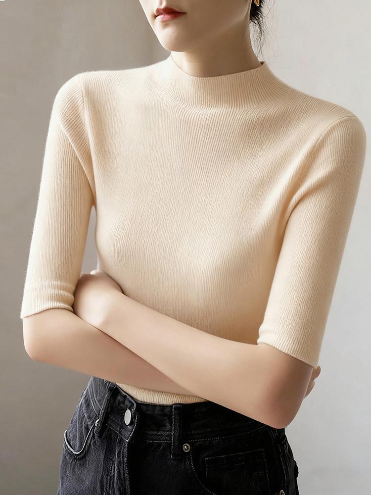 Women Mock Neck Pullover Five‑Quarter Sleeve Slim Knit Sweater Solid Color Basic Undershirt S‑3XL