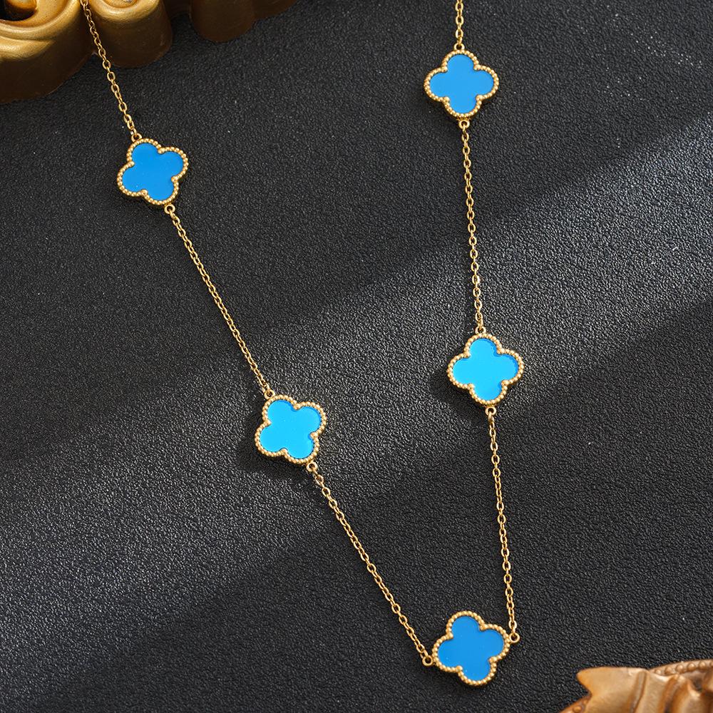 Szczęśliwy naszyjnik z czterolistną koniczyną, Stal tytanowa platerowana 18-karatowym złotem, Modny i wszechstronny koreański styl, Łańcuszek na obojczyk dla dziewcząt