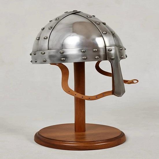 Medieval Steel Norman Nasal Viking Helmet on Wooden Stand Viking Conical Helmet with Leather Chinstrap Historical Armor Display