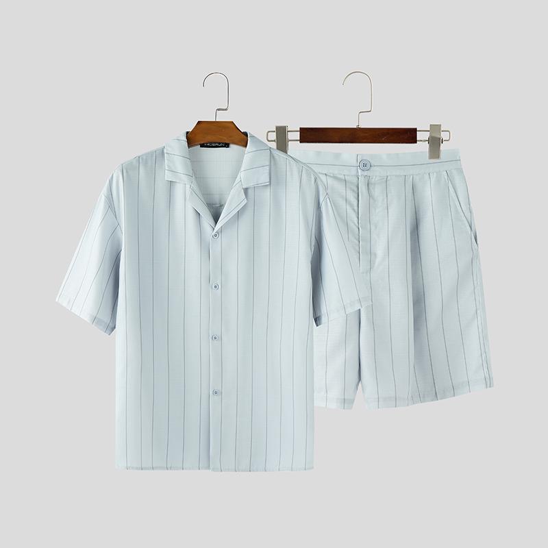 

INCERUN 2PCS Men Lapel Neck Striped Short Sleeve Shirts Short Pants Casual Two Pieces Sets L синий