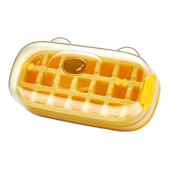 Forma na ledové kostky Láhev na vodu 2 v 1 Roztomilý design medvídka Lis na ledové kostky s nulovým dotykem Podnos na ledové kostky s víkem Přenosná mrazicí láhev na ledový nápoj pro cestování a rodinu