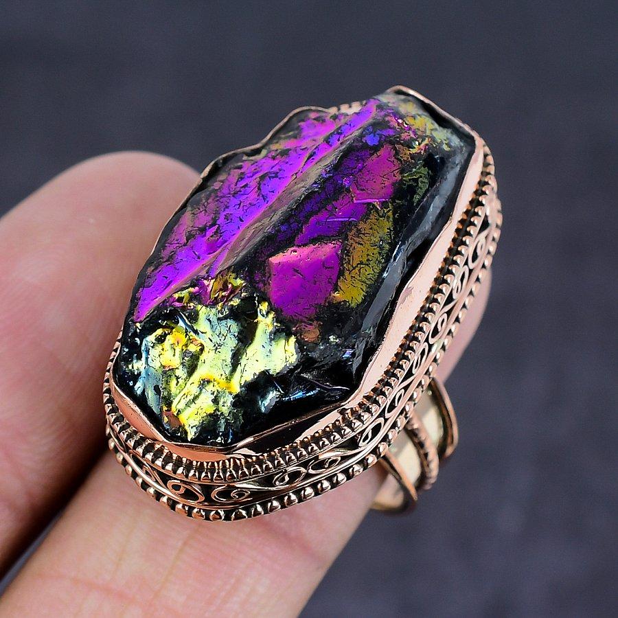 Păun natural Titanium Aura Gemstone Bijuterii din cupru lucrate manual Mărimea inelului 9 y9j79