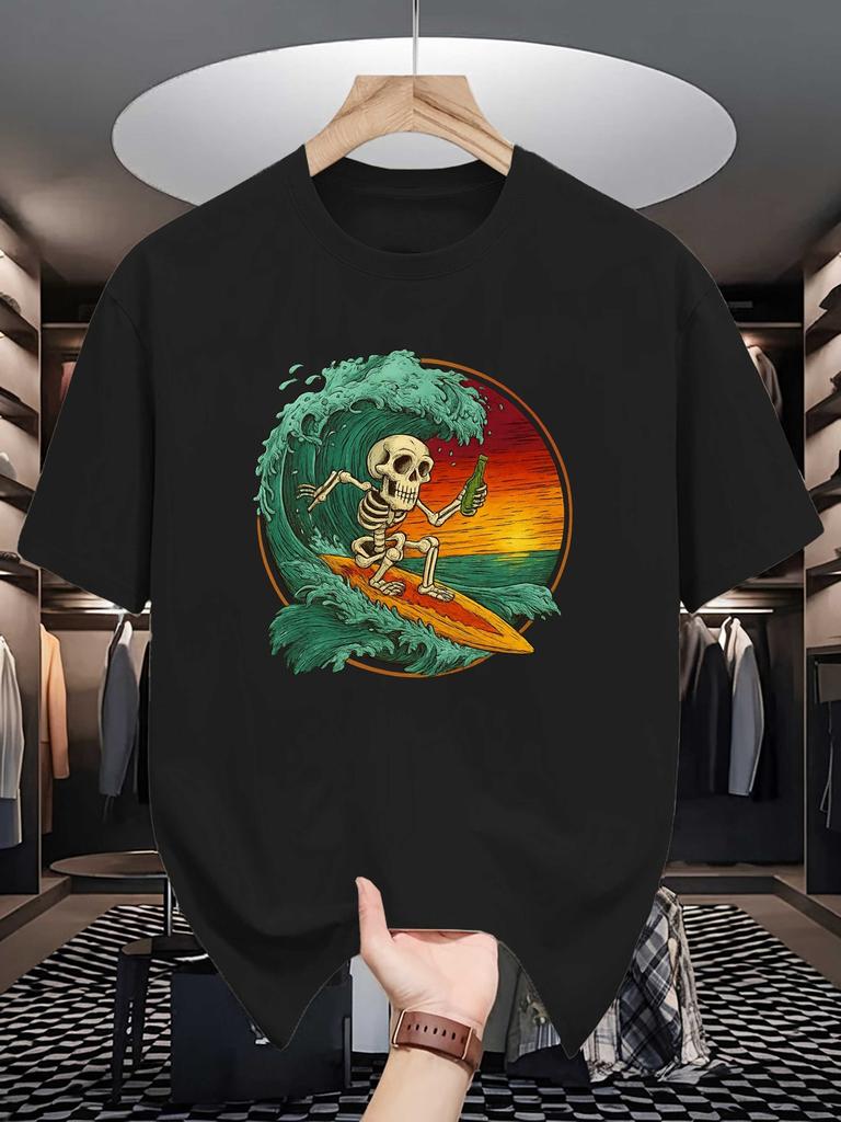 Unisex Crew Neck Tee Retro Skeleton Surf Ocean Wave Art Print Soft Cotton Loose Short Sleeve Summer Casual Male Streetwear Tops