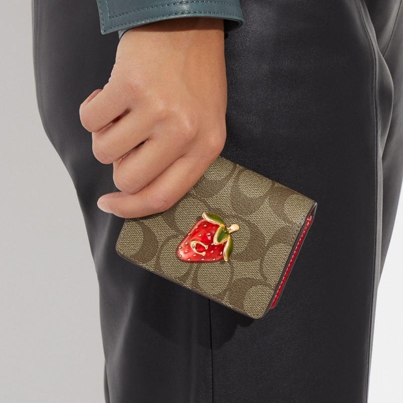 COACH 10 Metal Strawberry Flap Cow Leather Shoulder Crossbody Bag Wallet Mini Women Brown and Red
