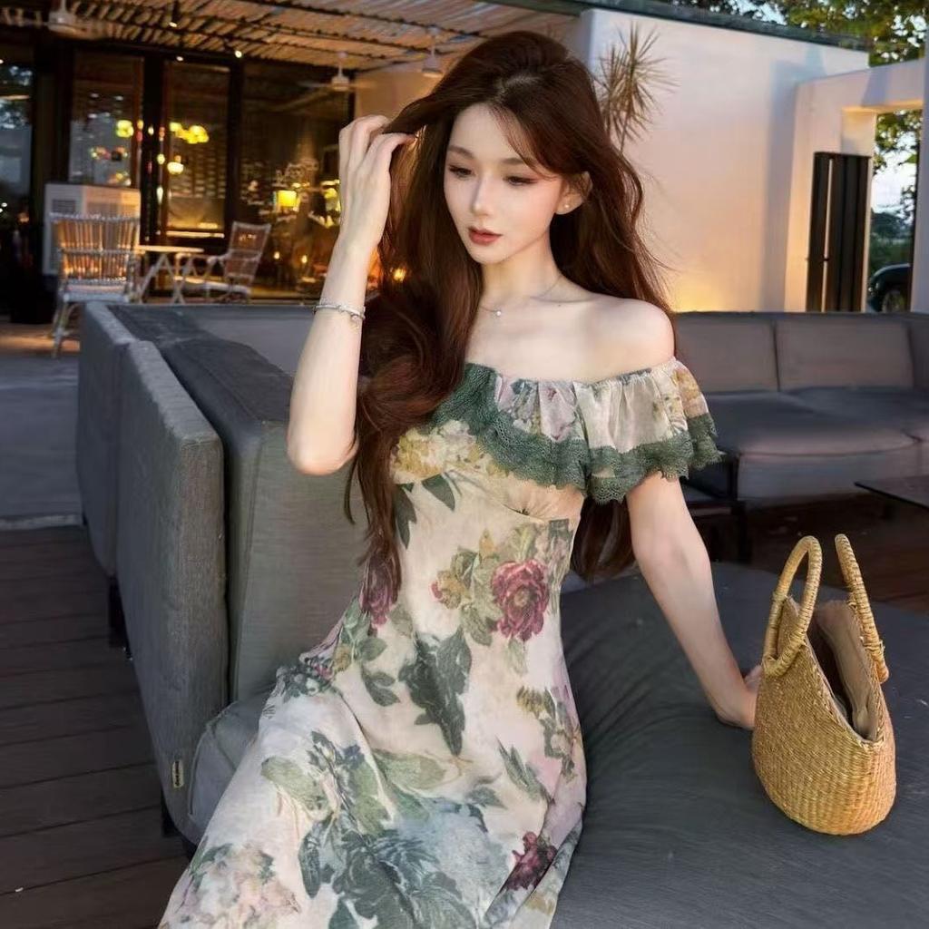 French retro style printed one-word shoulder dress summer off-the-shoulder coffee break dress slim-fitting waist A-word long dress