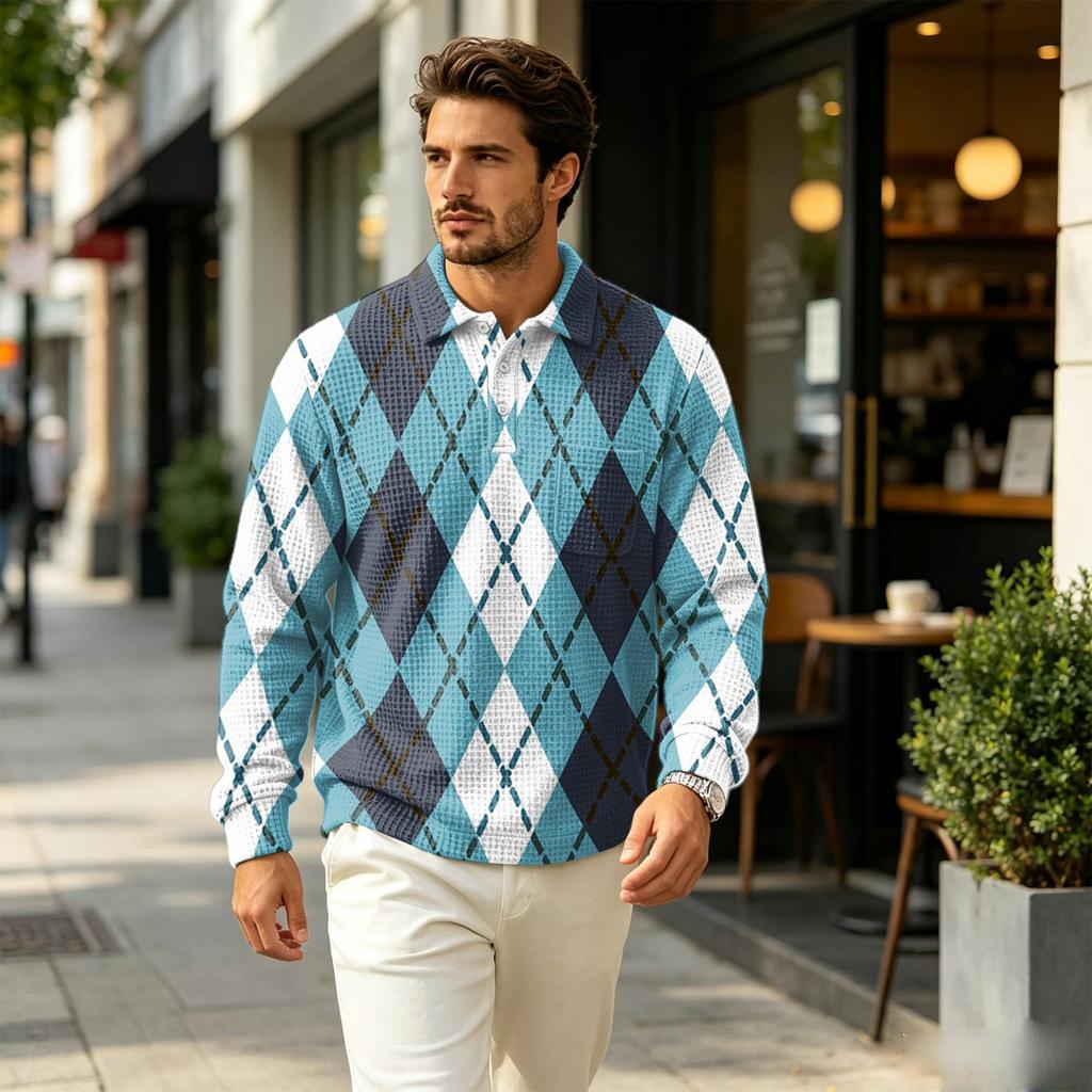 Men's Fall Casual Outdoor Knit Pullover Long Sleeve Collared Top with Pocket, Printed
